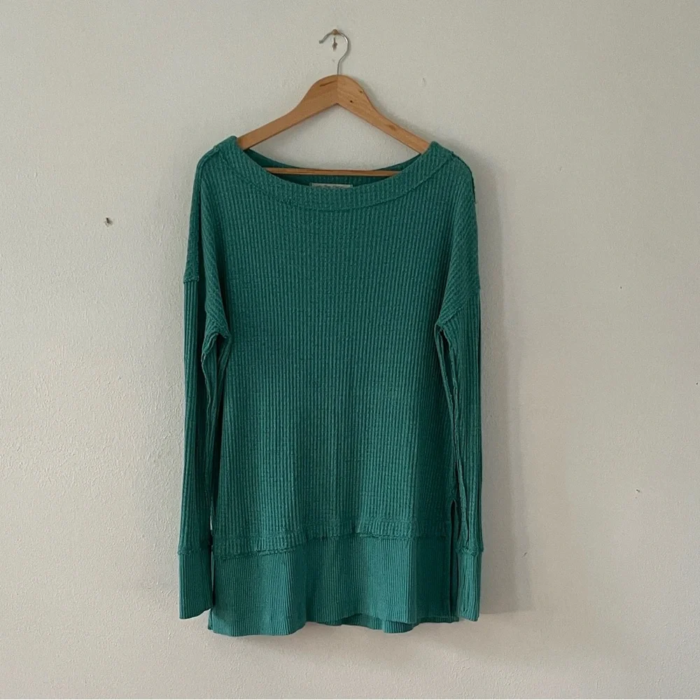 Free People North Shore Waffle Top Oversized Thermal Pullover Tunic Green
